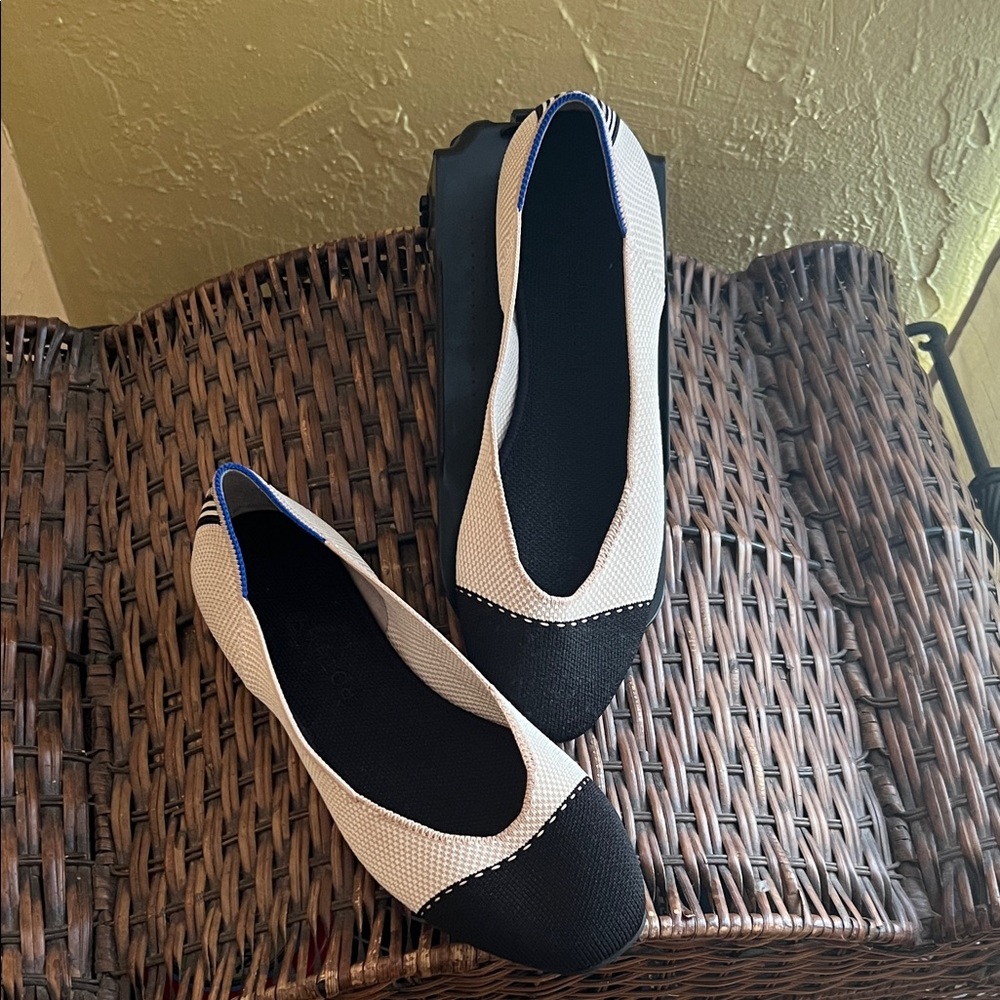 Rothy's Black and White Flats with Blue Accents